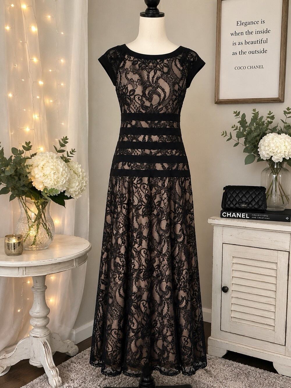 Candalite Women’s M Black Lace Nude Lined Maxi Dress Formal Evening Cap Sleeve